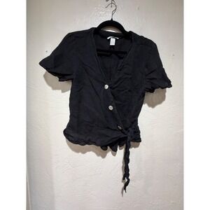 HM Black Linen Short Sleeve Wrap Top V-Neck Side Tie Blouse Small